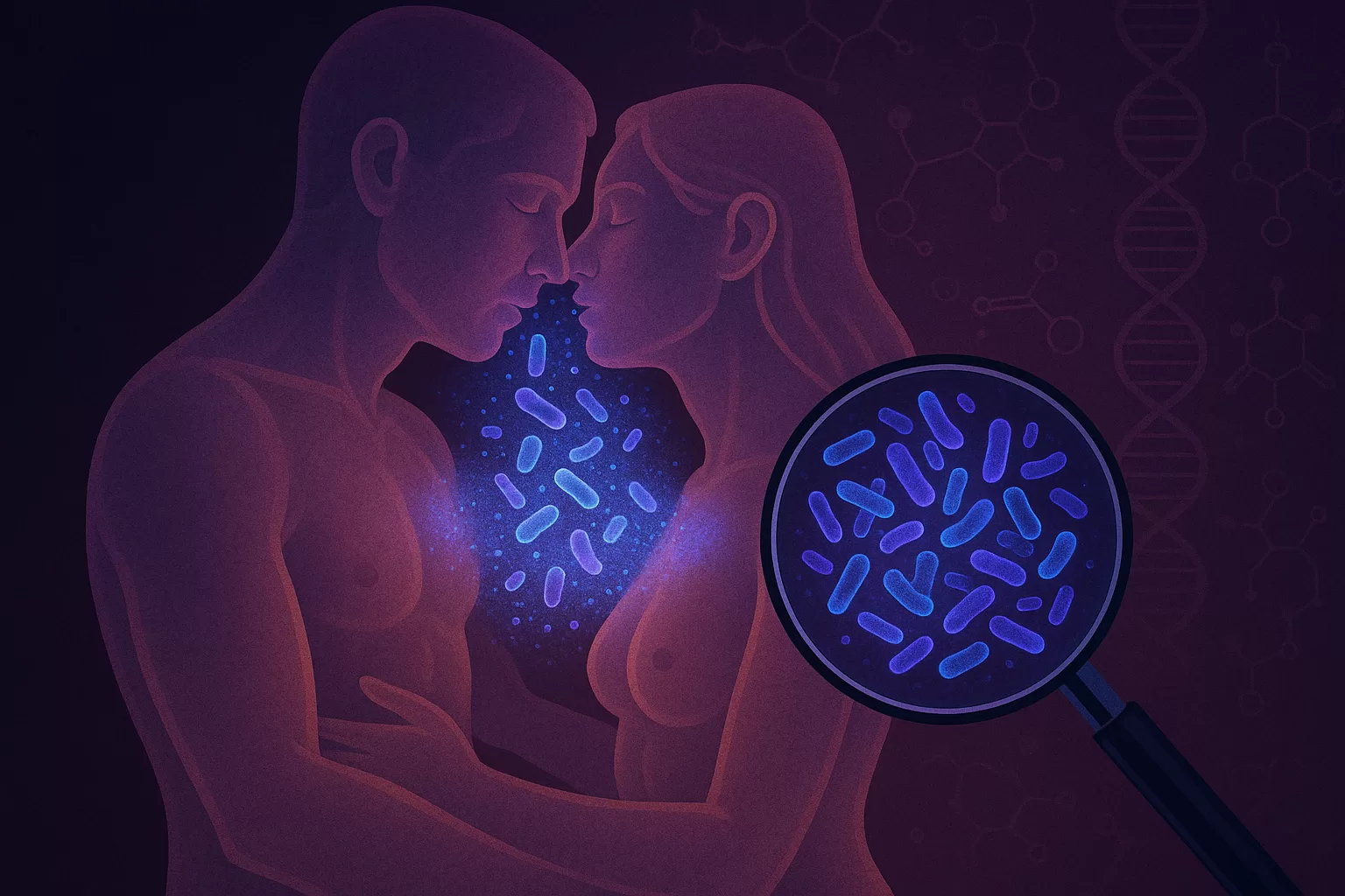 Ilustración conceptual del sexoma humano, con transferencia bacteriana entre dos cuerpos como símbolo de huella microbiana postcoital.