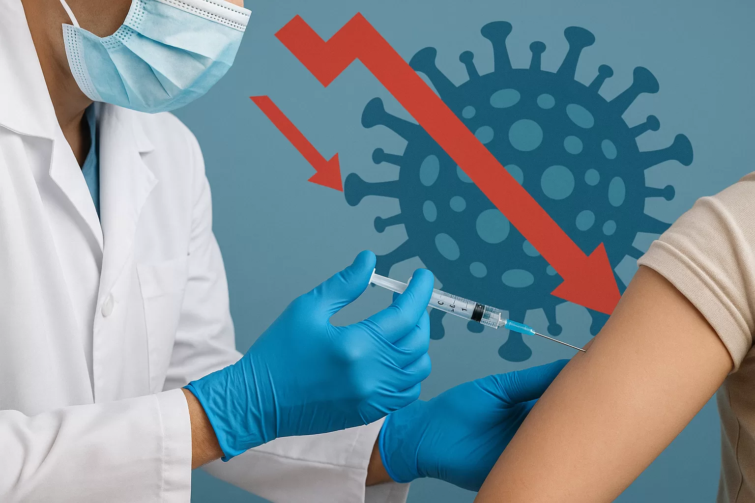 Profesional de la salud aplicando una inyección con guantes azules, con un gráfico de fondo que representa el virus VIH y una flecha ascendente, simbolizando el avance biomédico del lenacapavir como tratamiento semestral preventivo.